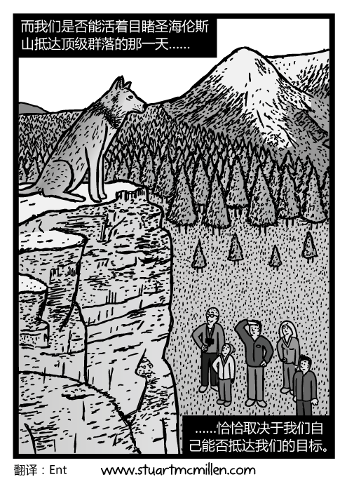 狼在峭壁顶部的卡通。一家人仰望狼的图景。而我们是否能活着目睹圣海伦斯山抵达顶级群落的那一天……恰恰取决于我们自己能否抵达我们的目标。
