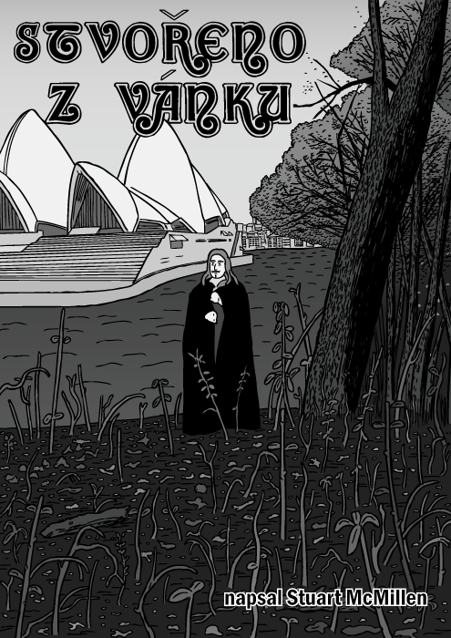 Obálka komiksu Stvořeno z vánku. Album Black Sabbath komiks. Sydney Opera house kresba.