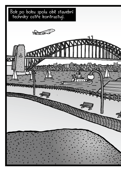 Sydney Harbour panorama komiks. Sydney Harbour Bridge kresba. Sydney Opera House komiksový strip. Bok po boku spolu obě stavební techniky ostře kontrastují.