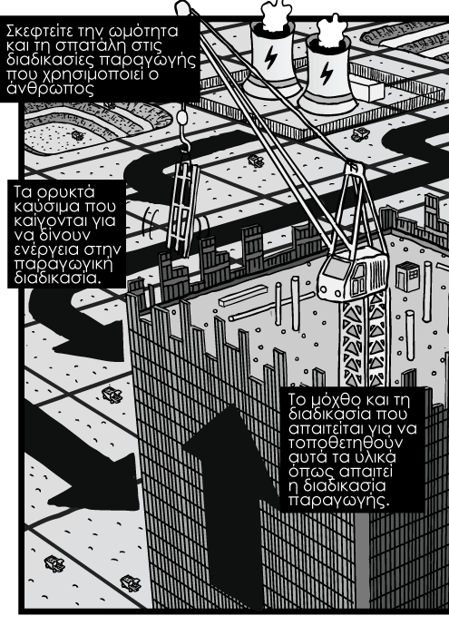 High angle skyscraper construction cartoon. Bird's-eye office tower cranes drawing. Open cut mines landscape grid. Σκίτσο από ψηλά κατασκευή ουρανοξύστη, γερανοί σε κατασκευές κτιρίων γραφείων, έδαφος με εγκαταστάσεις ανοιχτών ορυχείων. Σκεφτείτε την ωμότητα και τη σπατάλη στις διαδικασίες παραγωγής που χρησιμοποιεί ο άνθρωπος. Τα ορυκτά καύσιμα που καίγονται για να δίνουν ενέργεια στην παραγωγική διαδικασία. Το μόχθο και τη διαδικασία που απαιτείται για να τοποθετηθούν αυτά τα υλικά όπως απαιτεί η διαδικασία παραγωγής.