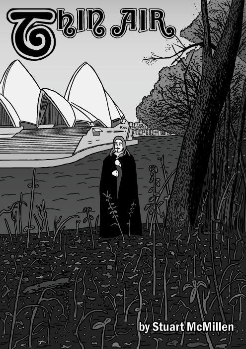 Thin Air comic cover. Black Sabbath album cartoon. Sydney Opera house drawing.