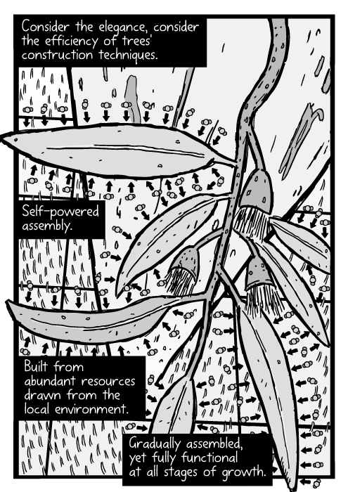 Carbon dioxide molecules diffusion leaves. High angle tree leaf atoms cartoon. Bird's-eye view tree branch drawing. Consider the elegance, consider the efficiency of trees' construction techniques. Self-powered assembly. Built from abundant resources drawn from the local environment. Gradually assembled, yet fully functional at all stages of growth.