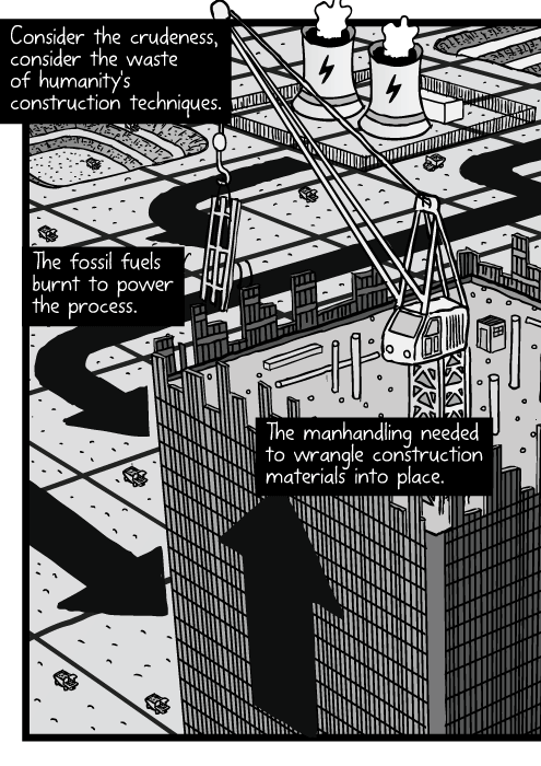 High angle skyscraper construction cartoon. Bird's-eye office tower cranes drawing. Open cut mines landscape grid. Consider the crudeness, consider the waste of humanity's construction techniques. The fossil fuels burnt to power the process. The manhandling needed to wrangle construction materials into place.