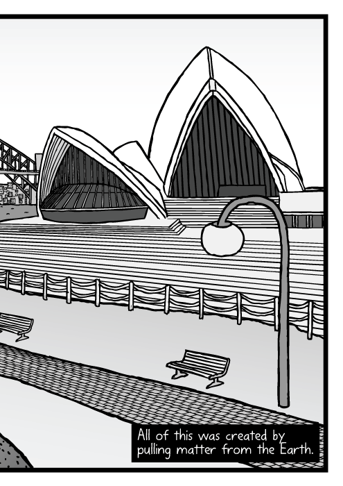 Sydney Harbour panorama drawing. Sydney Opera House cartoon. All of this was created by pulling matter from the Earth.
