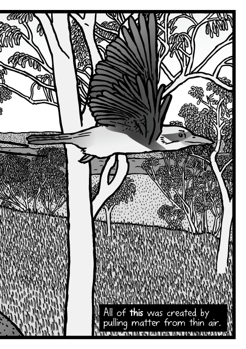 Australian bushland scene drawing. Eucalyptus trees cartoon. Gum tree Kookaburra bird comic. All of this was created by pulling matter from thin air.