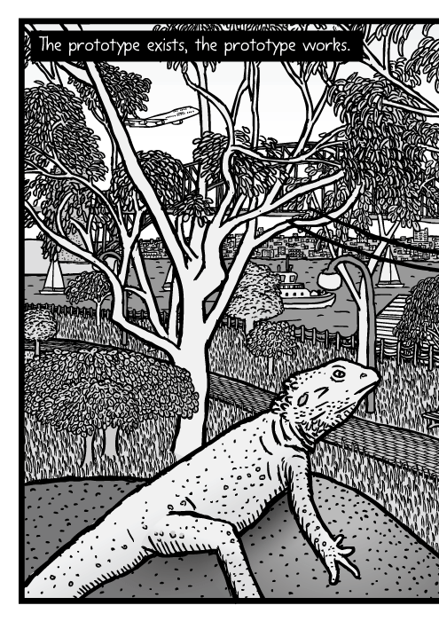 Sydney Botanical Gardens gum tree parkland drawing. Sydney Harbour Bridge and Sydney Opera House behind eucalyptus trees cartoon. The prototype exists, the prototype works.