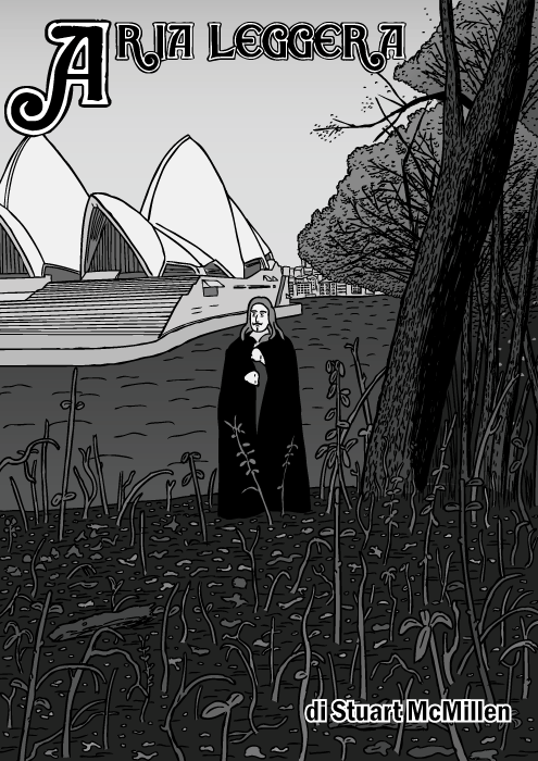 Copertina del fumetto Aria Leggera. Disegno del album dei Black Sabbath. Vignetta del Teatro dell' Opera di Sydney.
