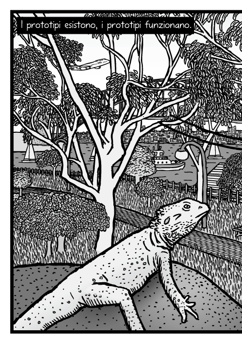Disegno del Giardino Botanico di Sydney con albero della gomma. Vignetta del Ponte del Porto di Sydney e del Teatro dell'Opera dietro alberi di eucalipto. I prototipi esistono, i prototipi funzionano.