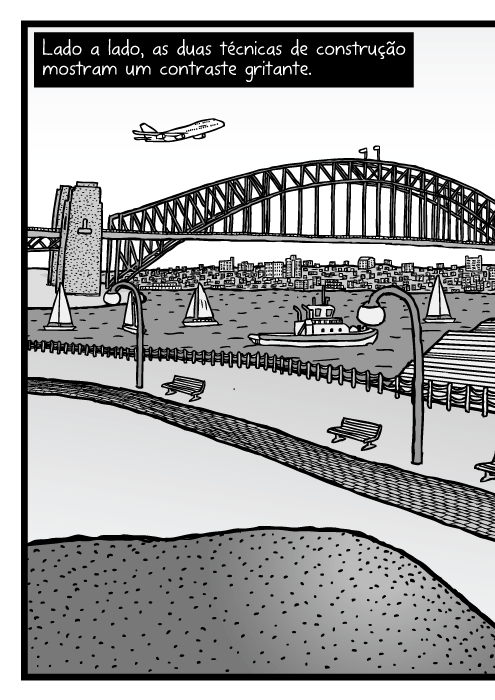 Cartum panorama da baía de Sydney. Desenho ponte da baía de Sydney. Lado a lado, as duas técnicas de construção mostram um contraste gritante.