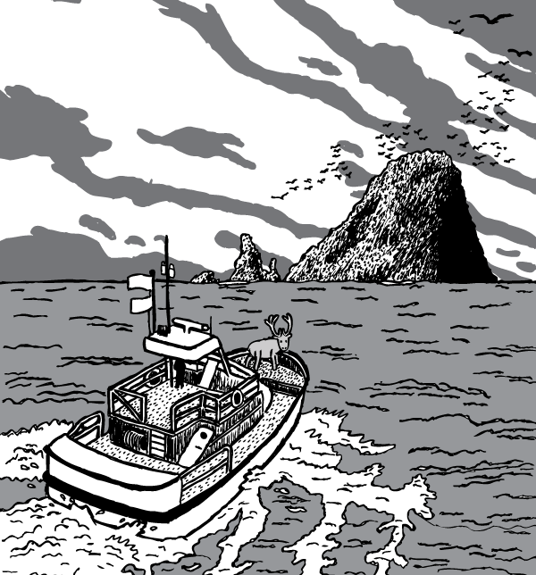 Boat approaching island comic art. Cloudy sky, birds circling overhead. Overcast black and white.