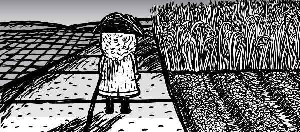 Cartoon explorer looks over cleared farmland.
