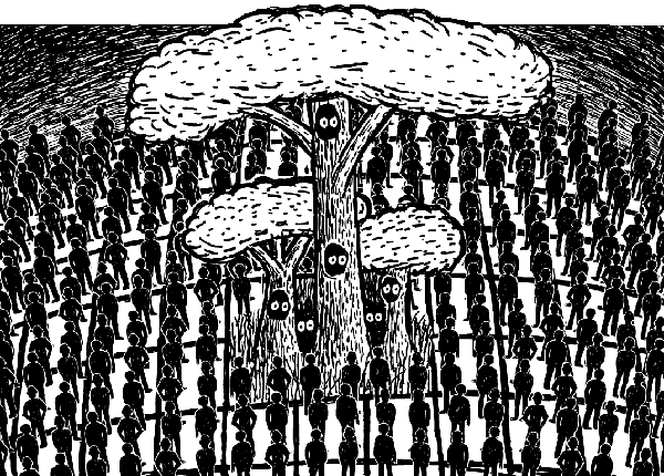 Cartoon trees surrounded by grid of people. Deforestation logging drawing.