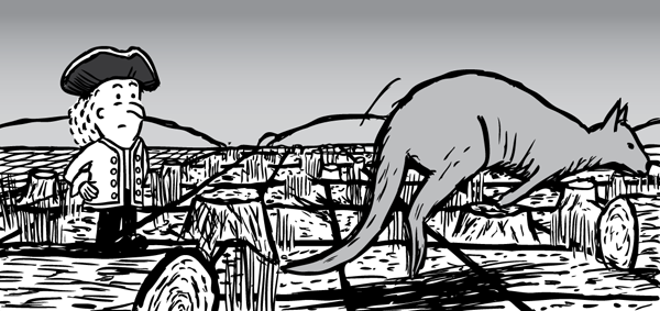 Man looks at wallaby hopping over deforested land. Cartoon kangaroo jumping.