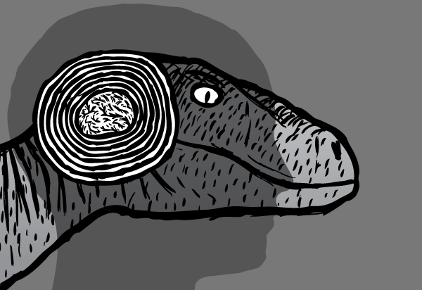 Raptor cartoon. Reptile brain drawing. Velociraptor. Human silhouette.