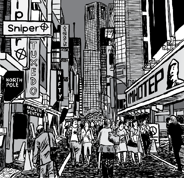 Detailed city drawing. Black and white cartoon skyscrapers. Advertising signage.