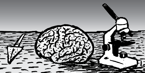 Cartoon brain with spear and microscope. Black and white drawing line art.