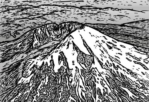 Cartoon Mount St. Helens. Aerial drawing of snow-covered volcano.