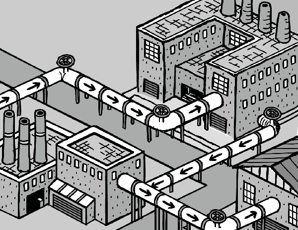 Isometric factory pipes drawing. Cartoon industrial park. Recycling comic.