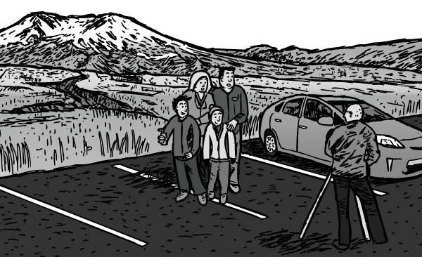 Family photograph pose in front of tripod. Cartoon photographer focusing. Drawing of Mount St. Helens carpark.