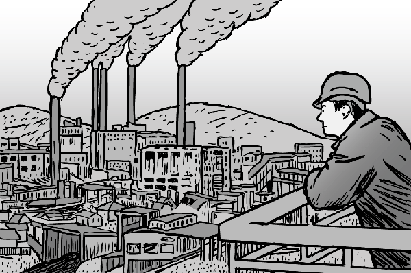Cartooon man looking at factory. Black and white drawing of smokestacks. Hard hat.