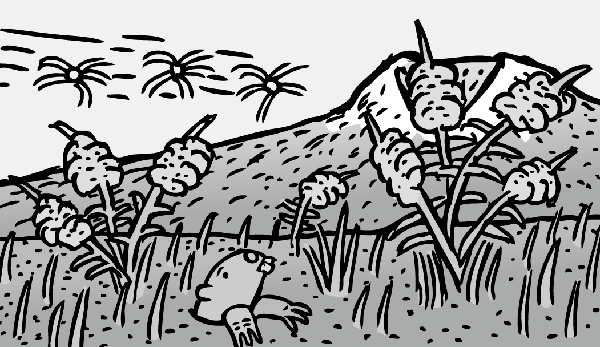 Cartoon gopher pokes head above ground near mountain. Black and white drawing of ecosystem recovery.