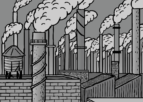 Cartoon smokestacks. Black and white drawing of factory chimneys.