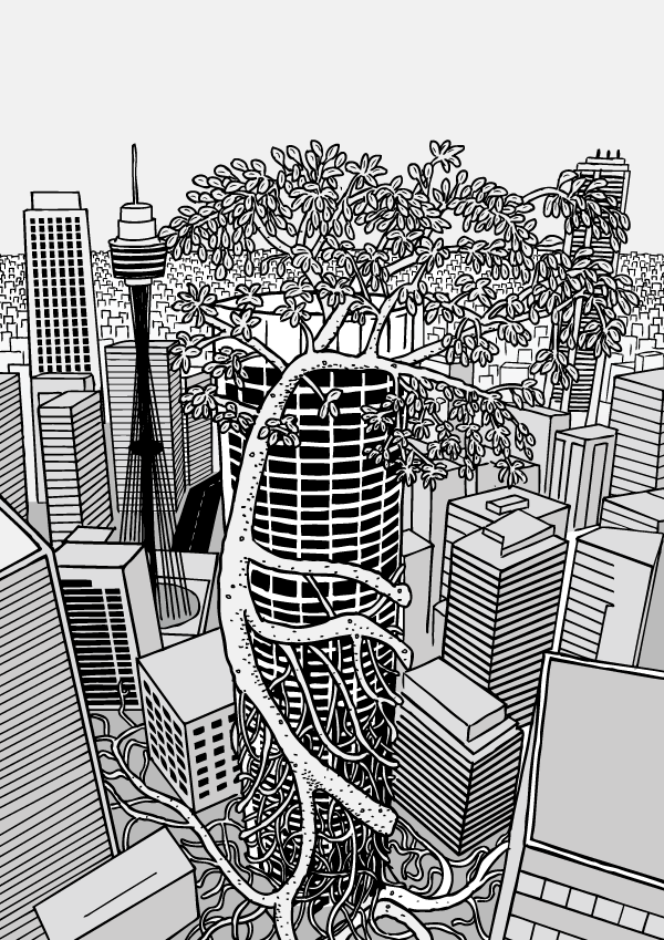Cartoon strangler fig wraps around building. Skyscraper wrapped in tree roots drawing. Comic art cover.