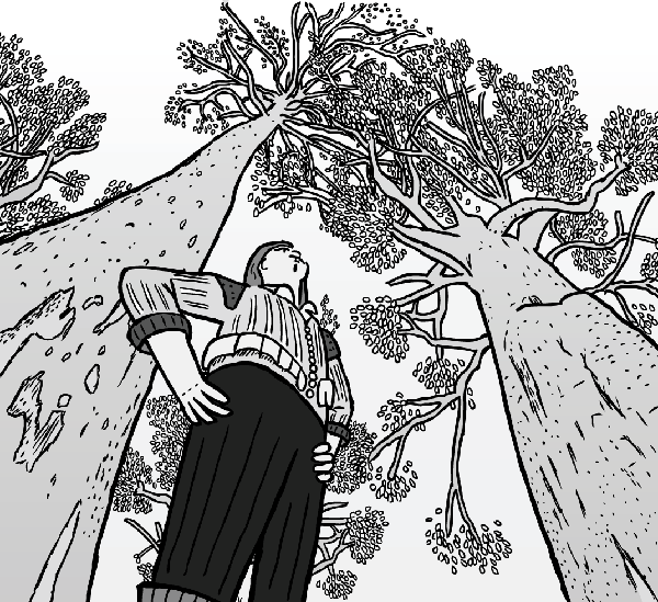 Low angle cartoon man standing above viewer. Looking up towards tree tops.