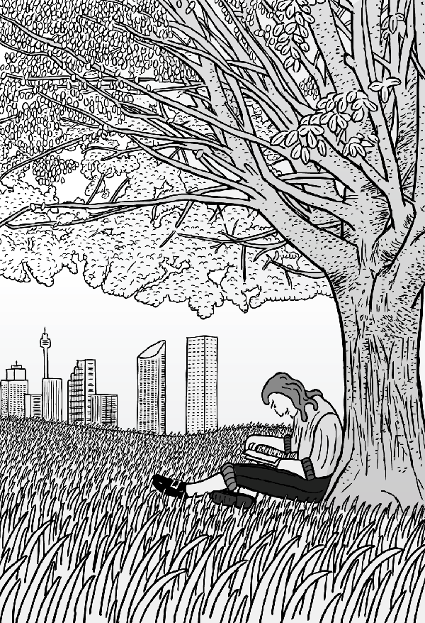 Cartoon man sits under Sydney tree reading a book. Black and white drawing.