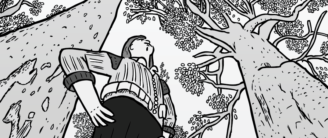 Dramatic low angle drawing of man standing under tall gum trees