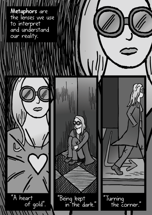 Drawing of blonde girl wearing goggles. Dark alleyway cartoon. Metaphors are the lenses we use to interpret and understand our reality. A heart of gold. Being kept in the dark. Turning the corner.