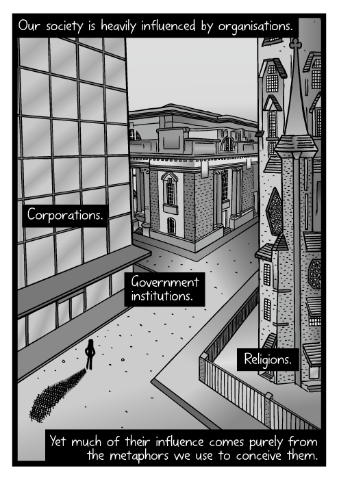 Birds eye view city drawing. Cartoon high-angle city street buildings. Our society is heavily influenced by organisations. Corporations. Government institutions. Religions. Yet much of their influence comes purely from the metaphors we use to conceive them.