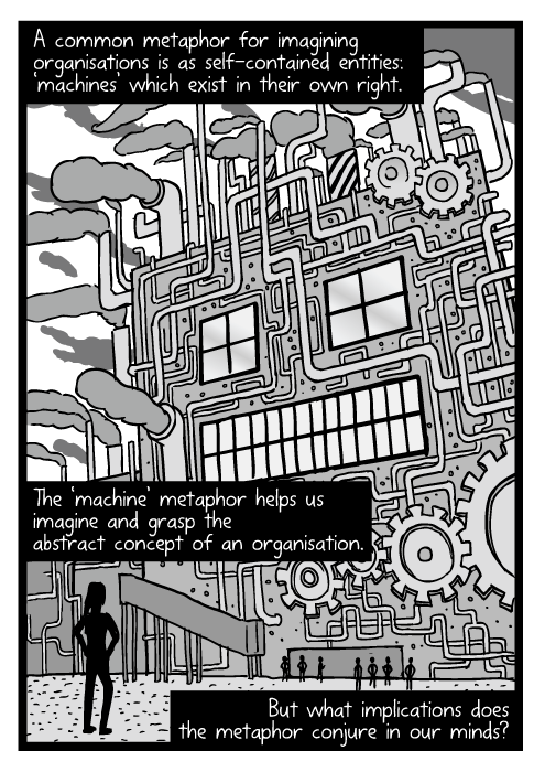 Low angle towering factory dwarfing cartoon figure. Smokestacks drawing robot machine. A common metaphor for imagining organisations is as self-contained entities: ‘machines’ which exist in their own right. The ‘machine’ metaphor helps us imagine and grasp the abstract concept of an organisation. But what implications does the metaphor conjure in our minds?