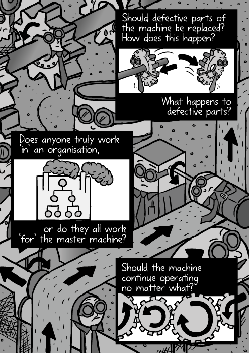 Organization machine cartoon. Workers as cogs and gears in the machine. Black and white drawing assembly line. Should defective parts of the machine be replaced? How does this happen? What happens to defective parts? Does anyone truly work ‘in’ an organisation, or do they all work ‘for’ the master machine? Should the machine continue operating no matter what?