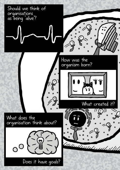 Organisation as living organism cartoon. Workers as parts of cell drawing. Should we think of organisations as being ‘alive’? How was the organism born? What created it? What does the organisation think about? Does it have goals? Does the organism speak for itself? How?