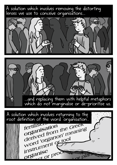 Girl and boy in busy crowd cartoon. Taking off goggles drawing. Finger pointing at dictionary definition. A solution which involves removing the distorting lenses we use to conceive organisations… …and replacing them with helpful metaphors which do not marginalise or de-prioritise us. A solution which involves returning to the root definition of the word ‘organisation’. Organon.