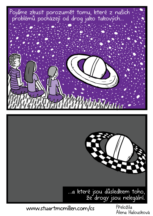 Komiks přátelé pozorují Saturn. Prstence Saturnu komiks kresba fialová. Pojďme zkusit porozumět tomu, které z našich problémů pocházejí od drog jako takových…a které jsou důsledkem toho, že drogy jsou nelegální.