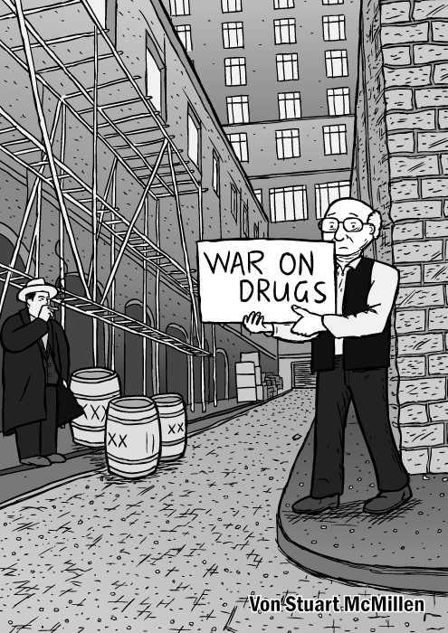 Titelseite des „War on Drugs“ Comics. Ein Mann, der wie Milton Friedman aussieht, hält ein gemaltes Schild in einer Seitenstrasse. Es erinnert an das Video zum Subterranean Homesick Blues von Bob Dylan. Ein gezeichneter Al Capone ist links im Bild zu sehen.