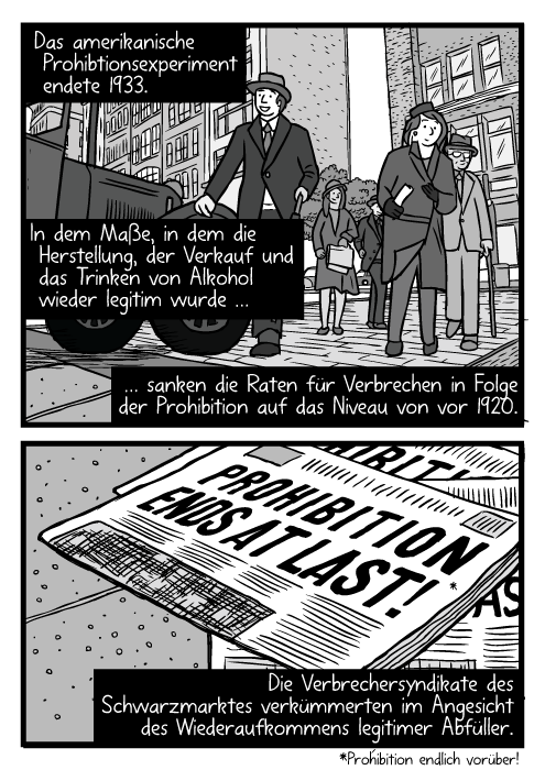 Froschperspektive auf Fussgänger im Chicago der 1930er Jahre. Es ist der Tag der Prohibitionsaufhebung. Das amerikanische Prohibtionsexperiment endete 1933. In dem Maße, in dem die Herstellung, der Verkauf und das Trinken von Alkohol wieder legitim wurde … sanken die Raten für Verbrechen in Folge der Prohibition auf das Niveau von vor 1920. Die Verbrechersyndikate des Schwarzmarktes verkümmerten im Angesicht des Wiederaufkommens legitimer Abfüller. Prohibition endlich vorüber!