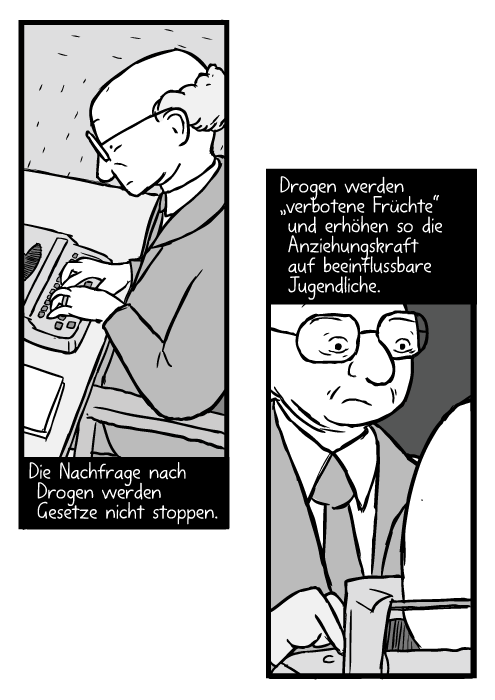 Glatzköpfiger Milton Friedman mit Brille an der Schreibmaschine. Die Nachfrage nach Drogen werden Gesetze nicht stoppen. Drogen werden „verbotene Früchte“ und erhöhen so die Anziehungskraft auf beeinflussbare Jugendliche.