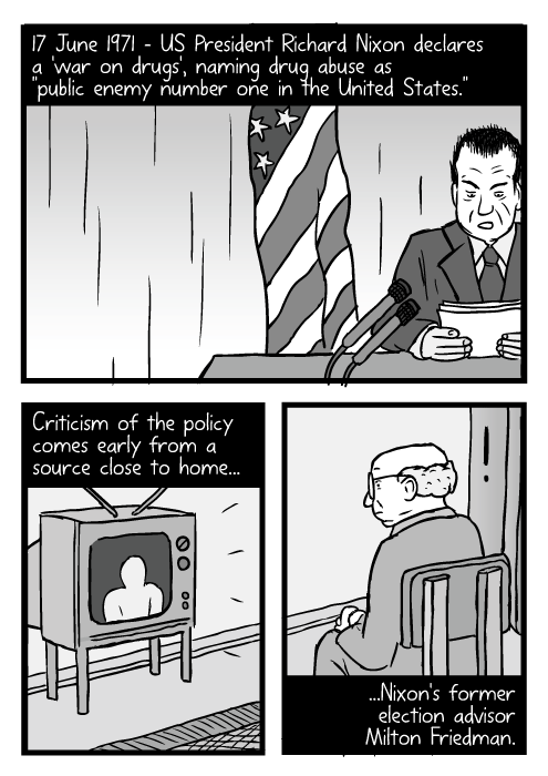 Cartoon Richard Nixon speech. Man watching television drawing. 17 June 1971 – US President Richard Nixon declares a 'war on drugs', naming drug abuse as 