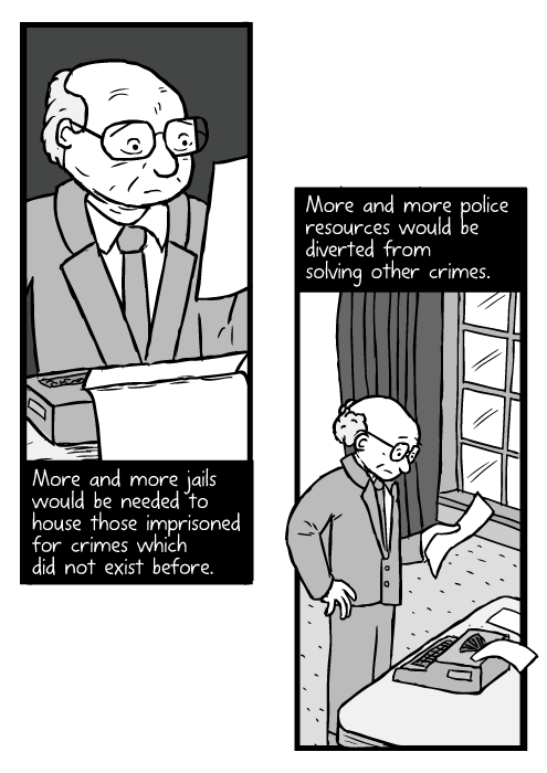 Cartoon Milton Friedman reading paper. Man standing near desk with typewriter drawing. More and more jails would be needed to house those imprisoned for crimes which did not exist before. More and more police resources would be diverted from solving other crimes.