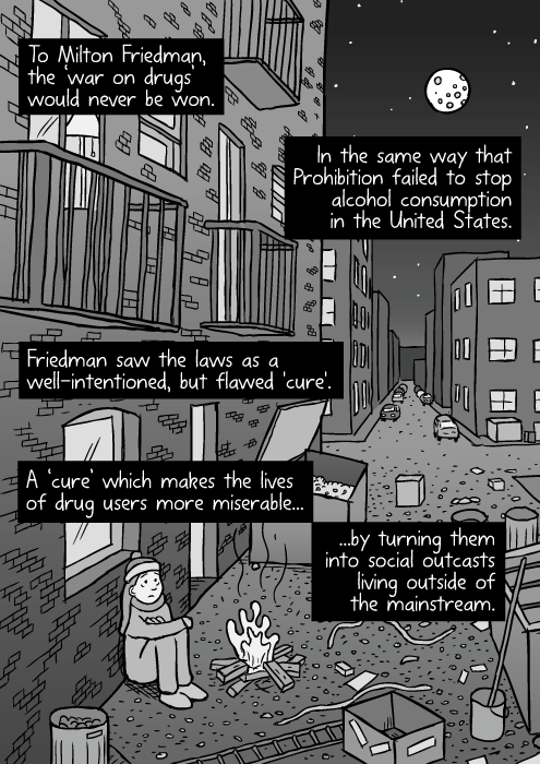 City alley drawing. Night dumpsters litter. Cartoon homeless girl. Urban perspective alleyway. To Milton Friedman, the 'war on drugs' would never be won. In the same way that Prohibition failed to stop alcohol consumption in the United States. Friedman saw the laws as a well-intentioned, but flawed 'cure'. A 'cure' which makes the lives of drug users more miserable... ...by turning them into social outcasts living outside of the mainstream.