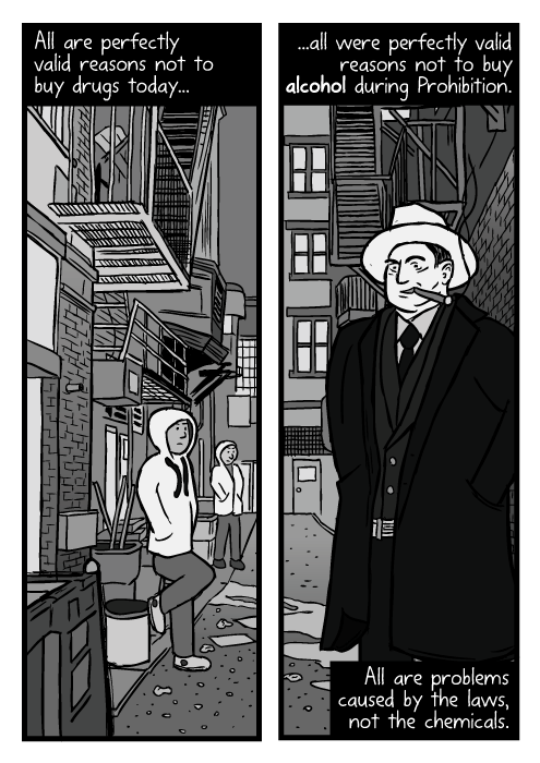 Drug dealers alleyway drawing. Cartoon Al Capone smoking low angle. All are perfectly valid reasons not to buy drugs today... ...all were perfectly valid reasons not to buy alcohol during Prohibition. All are problems caused by the laws, not the chemicals.