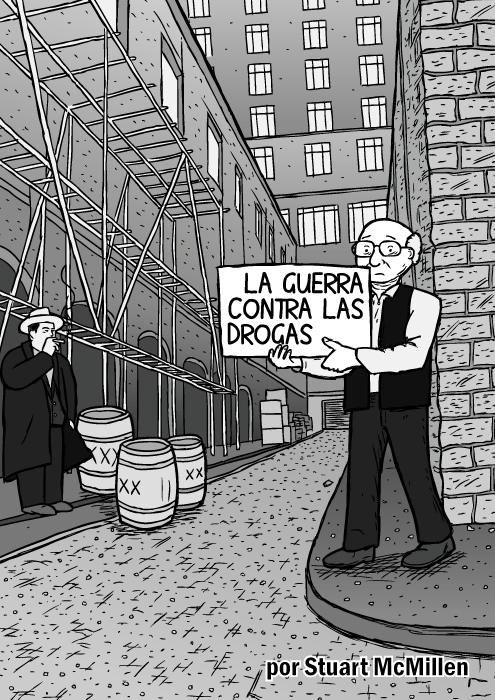 Cubierta del cómic ‘La guerra contra las drogas’. Un hombre en un callejón sostiene un cartel en el que dibuja. Bob Dylan y sus tarjetas de lectura en Subterranean Homesick Blues. Caricatura de Milton Friedman. Al Capone.