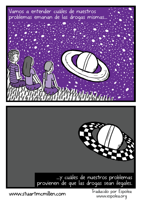 Caricatura de amigos viendo a Saturno. Dibujo de los anillos de Saturno en morado. Vamos a entender cuáles de nuestros problemas emanan de las drogas mismas...y cuáles de nuestros problemas provienen de que las drogas sean ilegales.