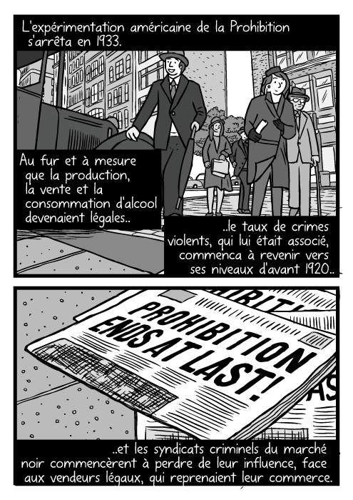 Enfin la Fin de la Prohibition Des piétons dans une rue de Chicago, dessinés en contre plongée. Un journal annonçant l'abrogation. L'expérimentation américaine de la Prohibition s'arrêta en 1933. Au fur et à mesure que la production, la vente et la consommation d'alcool devenaient légales.. ..le taux de crimes violents, qui lui était associé, commenca à revenir vers ses niveaux d'avant 1920.. ..et les syndicats criminels du marché noir commencèrent à perdre de leur influence, face aux vendeurs légaux, qui reprenaient leur commerce. Enfin la Fin de la Prohibition Des piétons dans une rue de Chicago, dessinés en contre plongée. Un journal annonçant l'abrogation.