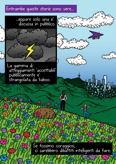 Disegno di cima di collina colorata. Vignetta di ragazza che guarda città in lontananza. Entrambe queste storie sono vere eppure solo una e' discussa in pubblico. La gamma di atteggiamenti 'accettabili' pubblicamente e' strangolata da taboo. Se fossimo coraggiosi, ci sono dibattiti intelligenti da fare.