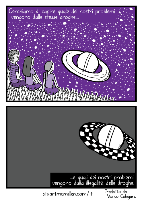 Disegno di amici che guardano Saturno. Vignetta degli anelli di saturno in viola. Cerchiamo di capire quale dei nostri problemi vengono dalle stesse droghe e quali dei nostri problemi vengono dalla illegalità delle droghe.