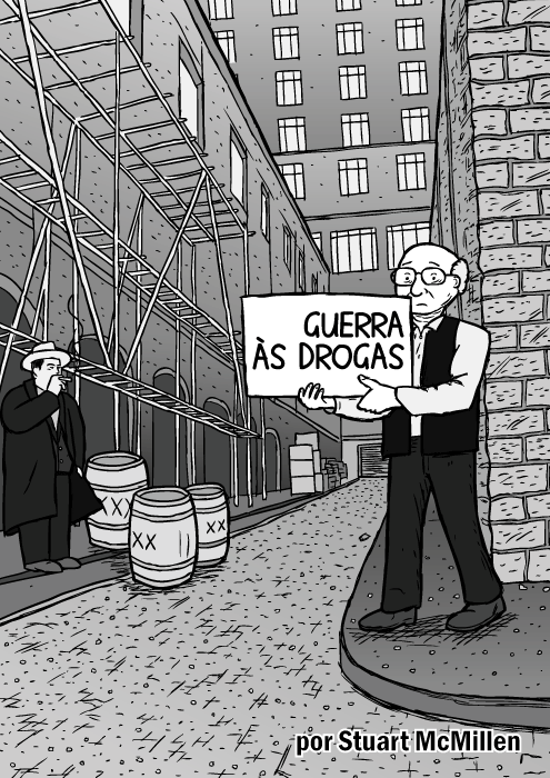 Capa Guerra às drogas. Homem no beco segurando placa. Bob Dylan com cartazes do Subterranean Homesick Blues no beco. Cartum do Milton Friedman. Al Capone.